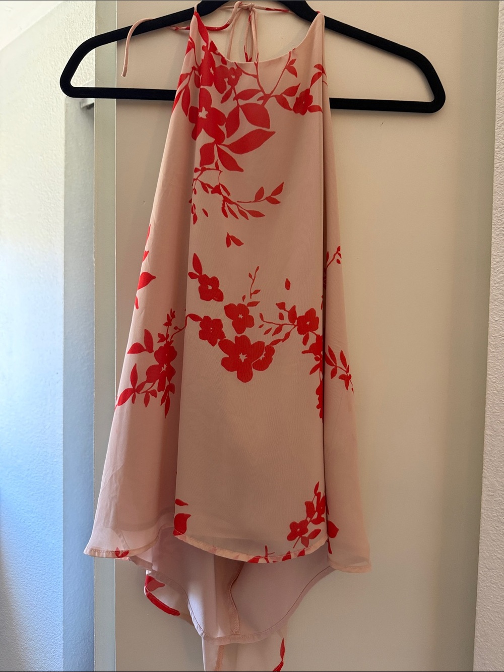 Light Pink Halter Blouse with Red Floral Print
